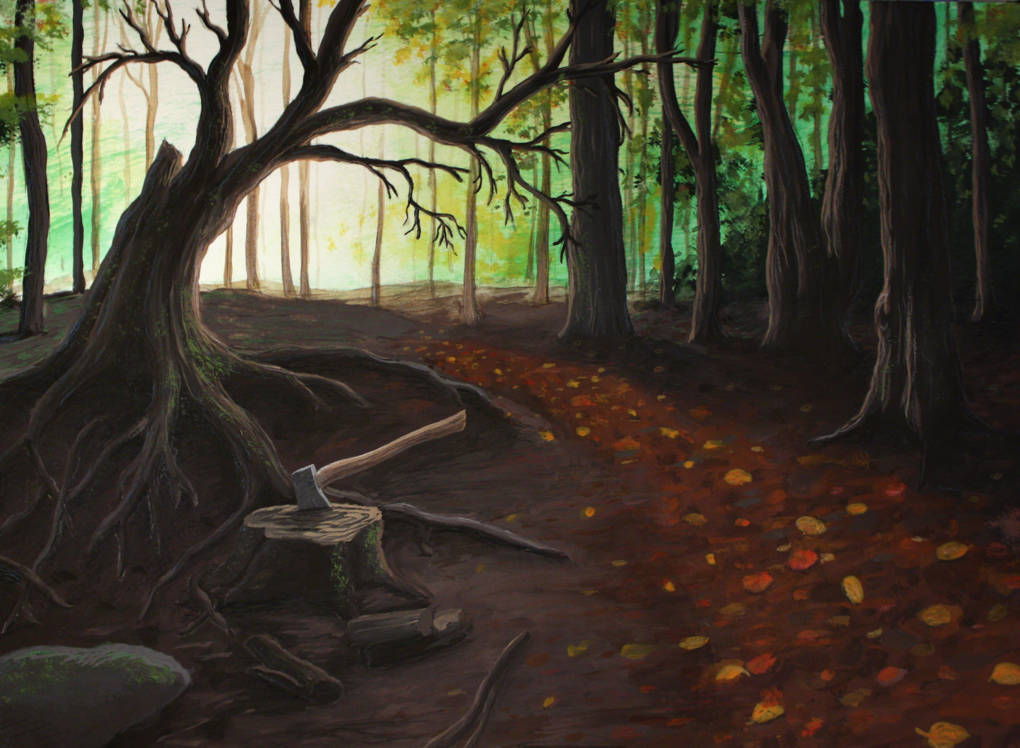 Axe in the Forest Gouache Painting